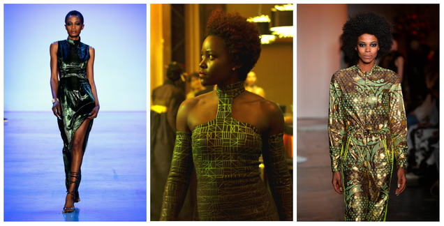 Left to right: LaQuan Smith Fall/Winter 2018; Lupita Nyong’o as Nakia in Black Panther; Xuly Bët x Mimi Prober x Hoan Mclaughlin Fall/Winter 2018